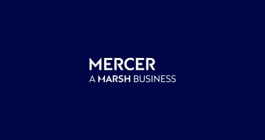 The image displays the Mercer logo with the tagline "A Marsh Business" on a dark blue background, representing the brand identity of Mercer as part of Marsh McLennan's business portfolio.