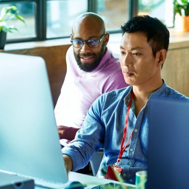 Computer programmer working with male colleague in office