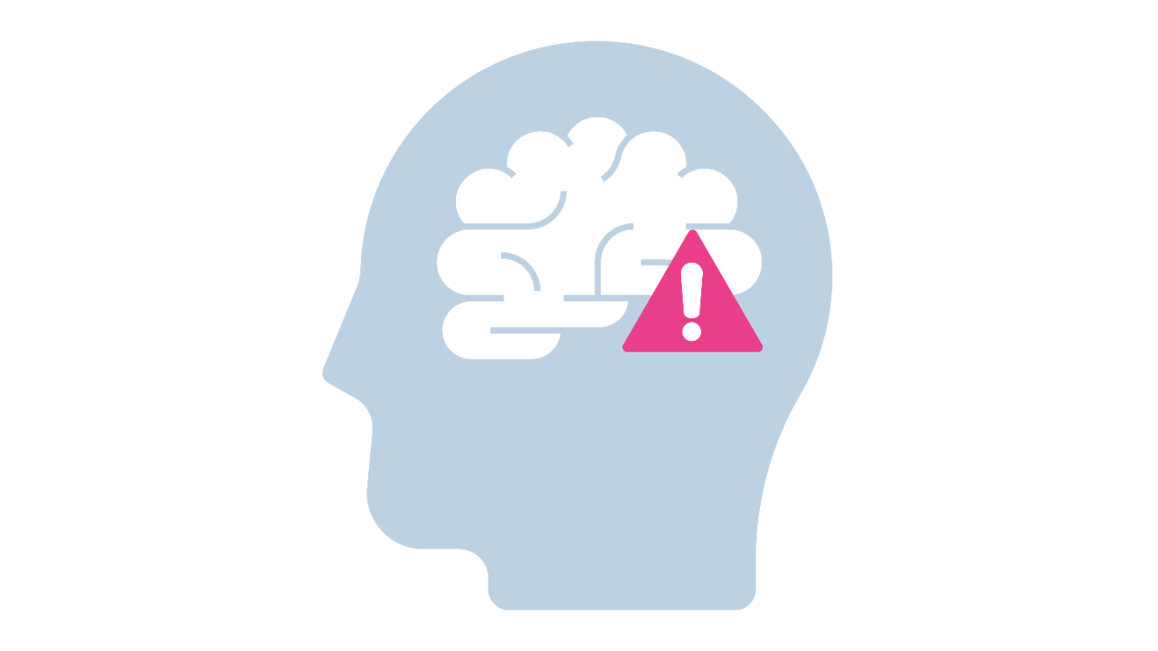 Illustration of the inside of the head showing the brain with a warning icon