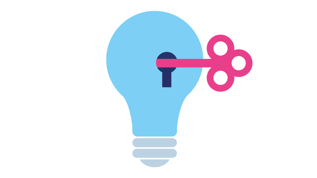 An illustration of the lightbulb with a keyhole. A key fitting into the keyhole.
