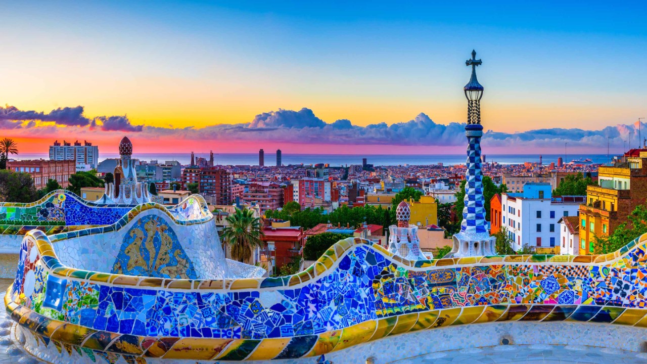 Skyline panorama of Barcelona at sunrise. Spain