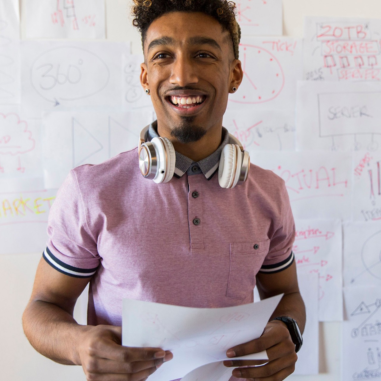man with headphones with whiteboard